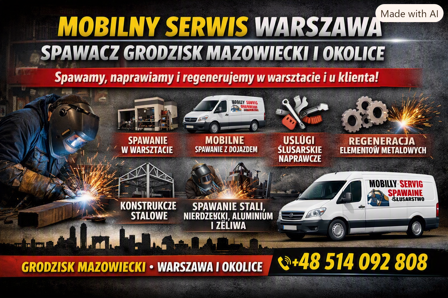 # 🔧 Mobilny Serwis Warszawa – Spawacz Grodzisk Mazowiecki i okolice

## Spawanie stali, nierdzewki, aluminium i żeliwa • Naprawa bram i ogrodzeń • Konstrukcje stalowe • Naprawa maszyn • Spawanie rur • Instalacje wodne i kotłownie • Regeneracja elementów metalowych • Mobilne spawanie z dojazdem

**Mobilny Serwis Warszawa** wykonuje kompleksowe usługi spawalnicze, ślusarskie, naprawcze i regeneracyjne na terenie **Grodziska Mazowieckiego, Warszawy oraz okolicznych miejscowości na Mazowszu**. Realizujemy zarówno pojedyncze naprawy, jak i większe zlecenia związane z konstrukcjami stalowymi, maszynami, ogrodzeniami, bramami, rurami, instalacjami, elementami samochodowymi i innymi konstrukcjami metalowymi.

Pracujemy **w warsztacie oraz bezpośrednio u klienta**. Mobilne spawanie jest szczególnie przydatne wtedy, gdy uszkodzonego elementu nie można łatwo zdemontować albo przewieźć. Przyjeżdżamy z odpowiednim sprzętem do domu, firmy, gospodarstwa, hali, magazynu, warsztatu, garażu, na plac budowy lub w inne miejsce wskazane przez klienta.

Wykonujemy między innymi **spawanie stali czarnej, stali nierdzewnej, stali kwasoodpornej, aluminium i żeliwa**. Naprawiamy pęknięte elementy, wzmacniamy konstrukcje, regenerujemy mocowania, wykonujemy nowe elementy metalowe oraz zajmujemy się przeróbkami istniejących konstrukcji.

**Telefon: +48 570 933 114**

---

# 📍 Spawacz Grodzisk Mazowiecki – mobilne usługi spawalnicze

Jeżeli szukasz spawacza w Grodzisku Mazowieckim, który może przyjechać bezpośrednio na miejsce awarii lub wykonać naprawę w warsztacie, **Mobilny Serwis Warszawa** realizuje tego typu zlecenia na terenie Grodziska Mazowieckiego i okolic.

Obsługujemy zarówno klientów indywidualnych, jak i firmy, warsztaty, gospodarstwa, zarządców nieruchomości, magazyny, zakłady produkcyjne, wykonawców budowlanych i przedsiębiorstwa posiadające maszyny lub konstrukcje wymagające naprawy.

Możemy wykonać małą naprawę pojedynczego elementu albo zająć się większym projektem obejmującym przygotowanie, spasowanie, spawanie, szlifowanie, wzmacnianie i dalszą obróbkę.

Dojeżdżamy między innymi do:

* Grodziska Mazowieckiego,
* Milanówka,
* Brwinowa,
* Podkowy Leśnej,
* Błonia,
* Jaktorowa,
* Żabiej Woli,
* Nadarzyna,
* Pruszkowa,
* Piastowa,
* Ożarowa Mazowieckiego,
* Tarczyna,
* Żyrardowa,
* Sochaczewa,
* Warszawy,
* oraz innych miejscowości Mazowsza.

Zakres dojazdu ustalamy indywidualnie w zależności od rodzaju pracy, jej wartości, czasu potrzebnego na wykonanie oraz lokalizacji.

---

# 💰 Orientacyjny cennik usług spawalniczych 2026

Poniższy cennik został przygotowany jako **orientacyjny cennik usług spawalniczych Mobilnego Serwisu Warszawa** dla klientów z Grodziska Mazowieckiego, Warszawy i okolic.

### Ważne – ceny od 800 zł

**Minimalna wartość standardowego zlecenia mobilnego: od około 800 zł**, natomiast większe prace wyceniane są indywidualnie.

Cena końcowa może być niższa lub wyższa w zależności od charakteru pracy, jednak przy mobilnych zleceniach wymagających dojazdu, przygotowania sprzętu, transportu urządzeń, zabezpieczenia miejsca pracy i wykonania naprawy na miejscu przyjmujemy orientacyjny poziom:

### **Usługi mobilne – od 800 zł**

Cena obejmuje w zależności od zakresu:

* dojazd,
* przygotowanie stanowiska,
* przygotowanie elementu,
* wykonanie spawania,
* podstawowe materiały eksploatacyjne,
* podstawową obróbkę,
* kontrolę wykonanego połączenia.

Przy większych pracach cena jest ustalana po obejrzeniu elementu, otrzymaniu zdjęć lub dokładnym opisaniu zakresu prac.

---

# 📋 Cennik – najczęściej wykonywane usługi

| Usługa                           |    Cena orientacyjna od |
| -------------------------------- | ----------------------: |
| Mobilne spawanie z dojazdem      |              **800 zł** |
| Naprawa bramy                    |              **800 zł** |
| Naprawa furtki                   |              **800 zł** |
| Naprawa ogrodzenia               |              **800 zł** |
| Naprawa konstrukcji stalowej     |              **800 zł** |
| Spawanie elementów maszyn        |              **800 zł** |
| Naprawa przyczepy                |              **800 zł** |
| Naprawa mocowań i uchwytów       |              **800 zł** |
| Spawanie stali czarnej           |              **800 zł** |
| Spawanie nierdzewki              |              **800 zł** |
| Spawanie aluminium               |              **800 zł** |
| Naprawa elementów aluminiowych   |              **800 zł** |
| Naprawa pękniętych elementów     |              **800 zł** |
| Wzmacnianie konstrukcji          |              **800 zł** |
| Spawanie rur                     |              **800 zł** |
| Naprawy w kotłowniach            |              **800 zł** |
| Spawanie konstrukcji stalowych   |           **od 800 zł** |
| Naprawa elementów stalowych      |           **od 800 zł** |
| Regeneracja elementów metalowych |           **od 800 zł** |
| Spawanie w warsztacie            |           **od 800 zł** |
| Pilne zlecenia mobilne           |           **od 800 zł** |
| Większe konstrukcje              | **wycena indywidualna** |
| Duże naprawy maszyn              | **wycena indywidualna** |

**Podane kwoty są orientacyjne. Ostateczna cena zależy od rzeczywistego zakresu pracy.**

---

# 🚐 Mobilne spawanie z dojazdem – od 800 zł

Mobilne spawanie to usługa skierowana przede wszystkim do osób i firm, które nie mogą dostarczyć uszkodzonego elementu do warsztatu.

Zamiast demontować ciężką bramę, konstrukcję, maszynę, przyczepę czy element instalacji, można zorganizować naprawę bezpośrednio w miejscu, gdzie znajduje się uszkodzenie.

Przyjeżdżamy do klienta z wyposażeniem potrzebnym do wykonania prac spawalniczych i ślusarskich.

Mobilny serwis może być wykorzystany między innymi przy:

* pękniętych konstrukcjach,
* uszkodzonych bramach,
* ogrodzeniach,
* furtkach,
* balustradach,
* konstrukcjach stalowych,
* maszynach,
* przyczepach,
* elementach gospodarczych,
* rurach,
* instalacjach,
* mocowaniach,
* wspornikach,
* ramach,
* stelażach,
* elementach wyposażenia firm.

Cena mobilnego zlecenia rozpoczyna się orientacyjnie od **800 zł**, ale przy większych pracach koszt ustalamy indywidualnie.

---

# 🔥 Spawanie stali czarnej

Stal czarna jest jednym z najczęściej spotykanych materiałów w konstrukcjach stalowych, ogrodzeniach, bramach, ramach, maszynach, regałach, podporach i elementach gospodarczych.

Wykonujemy naprawy oraz nowe połączenia elementów stalowych.

Możemy spawać:

* profile zamknięte,
* kątowniki,
* płaskowniki,
* ceowniki,
* rury,
* blachy,
* elementy konstrukcyjne,
* ramy,
* wsporniki,
* uchwyty,
* stelaże,
* konstrukcje pod urządzenia.

W przypadku elementów mocno skorodowanych konieczne może być wcześniejsze oczyszczenie powierzchni lub wymiana uszkodzonego fragmentu.

**Spawanie stali czarnej – zlecenia mobilne od około 800 zł.**

---

# ⚙️ Spawanie stali nierdzewnej i kwasoodpornej

Wykonujemy również spawanie stali nierdzewnej oraz kwasoodpornej.

Materiały tego typu występują między innymi w:

* balustradach,
* poręczach,
* wyposażeniu gastronomicznym,
* instalacjach,
* konstrukcjach przemysłowych,
* zbiornikach,
* elementach maszyn,
* meblach metalowych,
* konstrukcjach technicznych.

Przy stali nierdzewnej istotne jest odpowiednie przygotowanie materiału oraz zachowanie właściwej technologii pracy.

Cena zależy od grubości materiału, długości spoin, wymaganej estetyki, dostępu do miejsca oraz rodzaju elementu.

**Spawanie nierdzewki – od około 800 zł za zlecenie mobilne.**

---

# 🛠️ Spawanie aluminium

Aluminium jest materiałem wymagającym odpowiedniego przygotowania i właściwego doboru parametrów spawania.

Wykonujemy naprawy oraz regenerację wybranych elementów aluminiowych.

Możemy zajmować się między innymi:

* obudowami,
* uchwytami,
* wspornikami,
* ramami,
* elementami maszyn,
* częściami samochodowymi,
* felgami,
* konstrukcjami aluminiowymi,
* elementami wyposażenia.

Przed rozpoczęciem pracy oceniamy stan materiału oraz możliwość wykonania trwałej naprawy.

**Spawanie aluminium – mobilne zlecenia od około 800 zł.**

---

# 🪨 Spawanie żeliwa

Wykonujemy również wybrane naprawy elementów wykonanych z żeliwa.

Żeliwo jest materiałem wymagającym szczególnego podejścia, ponieważ niewłaściwie wykonana naprawa może prowadzić do ponownego pękania.

Możemy zajmować się między innymi:

* korpusami maszyn,
* obudowami,
* elementami urządzeń,
* uchwytami,
* częściami technicznymi,
* wybranymi elementami pomp i urządzeń.

Każdy element żeliwny przed naprawą powinien zostać oceniony indywidualnie.

**Naprawy żeliwa – od około 800 zł.**

---

# 🚪 Naprawa bram – od 800 zł

Naprawiamy bramy stalowe i metalowe znajdujące się na posesjach prywatnych, firmach, magazynach oraz obiektach przemysłowych.

Możemy naprawić:

* pękniętą ramę,
* zawiasy,
* mocowania,
* wsporniki,
* elementy konstrukcyjne,
* profile,
* uchwyty,
* elementy prowadzące,
* uszkodzone fragmenty konstrukcji.

Jeżeli problem wynika z pęknięcia lub osłabienia konstrukcji, możemy wykonać dodatkowe wzmocnienie.

**Naprawa bramy – od około 800 zł.**

---

# 🚪 Naprawa furtek

Furtki są często narażone na intensywną eksploatację, dlatego z czasem mogą pojawić się pęknięcia, problemy z zawiasami, opadanie konstrukcji albo uszkodzenia mocowań.

Wykonujemy naprawy spawalnicze:

* zawiasów,
* ram,
* mocowań,
* rygli,
* uchwytów,
* elementów konstrukcyjnych,
* profili.

W przypadku mocno zużytej konstrukcji możemy również wykonać dodatkowe wzmocnienia.

**Naprawa furtki – od około 800 zł.**

---

# 🏡 Naprawa ogrodzeń

Naprawiamy ogrodzenia stalowe i metalowe. Zajmujemy się zarówno niewielkimi uszkodzeniami, jak i większymi fragmentami konstrukcji.

W zakres prac może wchodzić:

* spawanie pęknięć,
* wymiana fragmentu profilu,
* wzmacnianie słupków,
* naprawa przęseł,
* naprawa mocowań,
* naprawa zawiasów,
* dorabianie uchwytów,
* poprawa konstrukcji.

**Naprawa ogrodzenia – od 800 zł**, przy większych pracach wycena indywidualna.

---

# 🏗️ Konstrukcje stalowe

Wykonujemy oraz naprawiamy konstrukcje stalowe.

Możemy pracować przy:

* wiatach,
* zadaszeniach,
* altanach,
* ramach,
* stelażach,
* konstrukcjach gospodarczych,
* konstrukcjach magazynowych,
* wspornikach,
* podestach,
* schodach,
* balustradach,
* konstrukcjach pod urządzenia.

Większe konstrukcje są wyceniane indywidualnie.

Cena zależy przede wszystkim od:

* ilości materiału,
* rodzaju profili,
* grubości materiału,
* długości spoin,
* stopnia skomplikowania,
* konieczności montażu,
* miejsca realizacji,
* transportu,
* zabezpieczenia konstrukcji.

---

# 🪜 Spawanie schodów i balustrad

Wykonujemy naprawy oraz modyfikacje metalowych schodów i balustrad.

Możemy naprawić:

* pęknięcia,
* mocowania,
* uchwyty,
* elementy konstrukcyjne,
* profile,
* poręcze,
* wsporniki.

Możliwe jest także wykonanie dodatkowych elementów wzmacniających istniejącą konstrukcję.

---

# ⚙️ Naprawa maszyn – od 800 zł

Naprawiamy wybrane metalowe elementy maszyn i urządzeń.

Może to obejmować:

* ramy,
* obudowy,
* wsporniki,
* uchwyty,
* mocowania,
* stelaże,
* osłony,
* pęknięte elementy,
* konstrukcje nośne.

Jeżeli maszyna jest duża i nie może zostać przetransportowana, możemy wykonać naprawę bezpośrednio na miejscu.

**Naprawa maszyny – od około 800 zł**, przy większych awariach wycena indywidualna.

---

# 🚜 Naprawa przyczep

Wykonujemy również spawalnicze naprawy wybranych elementów przyczep.

Możemy zająć się:

* ramami,
* mocowaniami,
* uchwytami,
* wspornikami,
* elementami konstrukcyjnymi,
* pęknięciami,
* stelażami.

Przyczepy znajdujące się w gospodarstwach, firmach czy na posesjach mogą zostać naprawione bez konieczności transportowania ich do warsztatu, jeśli warunki techniczne na to pozwalają.

**Naprawa przyczepy – od około 800 zł.**

---

# 💧 Spawanie rur i instalacji

Wykonujemy spawanie rur oraz metalowych elementów instalacji.

Pracujemy przy elementach znajdujących się między innymi w:

* kotłowniach,
* pomieszczeniach technicznych,
* warsztatach,
* halach,
* obiektach gospodarczych,
* budynkach przemysłowych.

Możemy naprawiać pęknięte mocowania, wsporniki oraz wybrane elementy instalacji.

**Spawanie rur i elementów instalacyjnych – od 800 zł.**

W przypadku instalacji ciśnieniowych, gazowych, grzewczych lub innych instalacji wymagających szczególnych procedur zakres prac jest każdorazowo ustalany indywidualnie.

---

# 🔥 Spawanie elementów kotłowni

Wykonujemy wybrane naprawy spawalnicze elementów metalowych znajdujących się w kotłowniach.

Może to obejmować:

* wsporniki,
* podstawy,
* ramy,
* mocowania,
* uchwyty,
* konstrukcje techniczne,
* elementy stalowe.

**Usługi spawalnicze w kotłowniach – od około 800 zł.**

---

# 🚗 Spawanie elementów samochodowych

Wykonujemy wybrane naprawy metalowych elementów samochodowych.

Możemy zajmować się między innymi:

* mocowaniami,
* wspornikami,
* uchwytami,
* elementami konstrukcyjnymi,
* wybranymi elementami układu wydechowego,
* rurami wydechowymi,
* tłumikami.

**Spawanie elementów samochodowych – od około 800 zł.**

Przed wykonaniem naprawy oceniamy możliwość bezpiecznego i trwałego wykonania połączenia.

---

# 🔧 Naprawa układów wydechowych i tłumików

Wykonujemy wybrane naprawy spawalnicze układów wydechowych.

Możemy naprawić między innymi:

* rury wydechowe,
* tłumiki,
* uchwyty,
* mocowania,
* pęknięte fragmenty metalowe.

Zakres prac zależy od stopnia skorodowania elementu. W przypadku mocno skorodowanego materiału naprawa poprzez samo spawanie może być niewystarczająca i konieczna może być wymiana fragmentu.

---

# 🔩 Regeneracja elementów metalowych

Jedną z usług Mobilnego Serwisu Warszawa jest **regeneracja i wzmacnianie elementów metalowych**.

Nie zawsze konieczne jest wykonanie całej części od początku. W wielu przypadkach można naprawić istniejący element poprzez:

* wspawanie nowego fragmentu,
* wykonanie dodatkowego wzmocnienia,
* odbudowanie uszkodzonej części,
* dorobienie mocowania,
* naprawę pęknięcia,
* wykonanie nowego uchwytu,
* poprawę konstrukcji.

Cena regeneracji zaczyna się orientacyjnie od **800 zł**.

---

# 🧰 Spawanie w warsztacie

Jeżeli element można dostarczyć do warsztatu, możemy wykonać dokładniejsze przygotowanie i obróbkę.

W warsztacie realizujemy między innymi:

* przygotowanie powierzchni,
* czyszczenie,
* docinanie,
* spasowanie,
* spawanie,
* wzmacnianie,
* szlifowanie,
* obróbkę końcową.

Praca warsztatowa może być korzystna w przypadku elementów, które wymagają dokładnego przygotowania albo dłuższej obróbki.

**Usługi warsztatowe – od około 800 zł za zlecenie**, zależnie od zakresu.

---

# 📐 Jak wyceniamy spawanie?

Cena usługi spawalniczej nie zależy wyłącznie od długości spawu.

Podczas wyceny bierzemy pod uwagę:

### 1. Rodzaj materiału

Inna technologia oraz czas pracy może być potrzebny przy stali czarnej, nierdzewnej, aluminium czy żeliwie.

### 2. Grubość materiału

Grubszy materiał może wymagać odpowiedniego przygotowania, większej ilości materiału dodatkowego i większego nakładu pracy.

### 3. Długość spoin

Długość spoiny jest jednym z elementów wyceny, ale nie jest jedynym czynnikiem.

### 4. Dostęp

Spawanie elementu znajdującego się w łatwo dostępnym miejscu jest prostsze niż praca w ciasnej przestrzeni, na wysokości lub w trudno dostępnym miejscu.

### 5. Przygotowanie

Cena może obejmować przygotowanie powierzchni, czyszczenie, szlifowanie, fazowanie i spasowanie elementów.

### 6. Demontaż

Jeżeli element trzeba najpierw zdemontować, cena może wzrosnąć.

### 7. Wzmacnianie

W przypadku pękniętej konstrukcji często nie wystarczy samo zaspawanie. Konieczne może być wykonanie dodatkowych wzmocnień.

### 8. Materiały

Do wykonania pracy mogą być potrzebne:

* drut spawalniczy,
* elektrody,
* gaz osłonowy,
* profile,
* blachy,
* śruby,
* elementy mocujące,
* materiały ścierne.

### 9. Dojazd

Przy większych zleceniach dojazd może być wliczony w cenę. Przy małych lub odległych pracach może zostać doliczony osobno.

### 10. Termin

Prace pilne, nocne, weekendowe lub świąteczne mogą mieć wyższą cenę.

---

# 🌙 Pilne spawanie i awarie

W przypadku nagłego uszkodzenia konstrukcji, bramy, maszyny lub innego elementu metalowego można skontaktować się z Mobilnym Serwisem Warszawa i przedstawić sytuację.

W przypadku pilnych zleceń cena może być wyższa ze względu na:

* nietypową godzinę,
* konieczność szybkiego wyjazdu,
* organizację sprzętu,
* pracę poza standardowym terminem,
* utrudnione warunki.

Orientacyjnie przyjmujemy, że pilne zlecenia mogą kosztować **od 800 zł**, natomiast dokładna cena zależy od sytuacji.

---

# 📸 Jak otrzymać wycenę?

Najłatwiejszym sposobem uzyskania wstępnej wyceny jest przesłanie zdjęć uszkodzonego elementu.

Warto przesłać:

1. zdjęcie całej konstrukcji,
2. zdjęcie uszkodzenia z bliska,
3. zdjęcie pokazujące miejsce pracy,
4. przybliżone wymiary,
5. informację o materiale,
6. informację, czy element można zdemontować,
7. lokalizację wykonania usługi.

Na podstawie zdjęć można często określić orientacyjny zakres prac jeszcze przed przyjazdem.

Ostateczna cena może zostać potwierdzona po dokładnej ocenie elementu.

---

# 💰 Przykładowe poziomy cenowe

### Mała naprawa mobilna

**od 800 zł**

Dotyczy prostych napraw wymagających przyjazdu, przygotowania sprzętu i wykonania niewielkiego zakresu spawania.

### Standardowa naprawa bramy lub furtki

**od 800–1500 zł**

Cena zależy od liczby uszkodzonych elementów, zawiasów, konieczności wzmocnienia oraz zakresu prac.

### Naprawa konstrukcji stalowej

**od 800 zł do kilku tysięcy złotych**

W przypadku większych konstrukcji cena zależy od ilości materiału i czasu pracy.

### Naprawa maszyny

**od 800 zł**

Większe naprawy mogą wymagać indywidualnej wyceny.

### Spawanie aluminium

**od 800 zł**

Cena zależy między innymi od rodzaju aluminium, grubości, przygotowania i wymaganej jakości połączenia.

### Spawanie nierdzewki

**od 800 zł**

Cena zależy od rodzaju materiału, długości spoin, estetyki oraz koniecznej obróbki.

### Konstrukcje stalowe

**od 800 zł**

Duże konstrukcje są wyceniane indywidualnie.

---

# 🏙️ Spawacz Warszawa i wszystkie dzielnice

Mobilny Serwis Warszawa realizuje zlecenia również na terenie Warszawy.

Obsługujemy między innymi:

* Mokotów,
* Ursynów,
* Wilanów,
* Wawer,
* Wesołą,
* Pragę-Południe,
* Pragę-Północ,
* Targówek,
* Białołękę,
* Żoliborz,
* Bielany,
* Bemowo,
* Wolę,
* Ochotę,
* Śródmieście,
* Włochy,
* Ursus.

W zależności od charakteru zlecenia możemy dojechać również poza Warszawę.

---

# 📍 Grodzisk Mazowiecki i okoliczne miejscowości

Nasze usługi kierujemy szczególnie do klientów z Grodziska Mazowieckiego oraz miejscowości położonych w jego najbliższym sąsiedztwie.

Obsługujemy między innymi:

**Grodzisk Mazowiecki – Milanówek – Brwinów – Podkowa Leśna – Jaktorów – Żabia Wola – Nadarzyn – Błonie – Pruszków – Piastów – Ożarów Mazowiecki – Tarczyn – Żyrardów – Sochaczew.**

Możliwe są również dalsze dojazdy na terenie Mazowsza.

---

# 🏭 Usługi dla firm

Obsługujemy również przedsiębiorstwa potrzebujące szybkiej naprawy metalowych elementów.

Możemy realizować zlecenia dla:

* zakładów produkcyjnych,
* magazynów,
* firm budowlanych,
* gospodarstw,
* warsztatów,
* przedsiębiorstw transportowych,
* firm logistycznych,
* sklepów,
* obiektów przemysłowych,
* zarządców nieruchomości.

Dla firm szczególnie istotna jest możliwość wykonania naprawy **bezpośrednio na miejscu**, bez konieczności transportowania dużej maszyny lub konstrukcji.

---

# 🏠 Usługi dla klientów indywidualnych

Obsługujemy również właścicieli domów, działek i posesji.

Najczęściej wykonywane prace obejmują:

* bramy,
* furtki,
* ogrodzenia,
* balustrady,
* schody,
* wiaty,
* altany,
* zadaszenia,
* konstrukcje stalowe,
* uchwyty,
* mocowania,
* elementy wyposażenia posesji.

Jeżeli element jest uszkodzony, można przesłać jego zdjęcia i opis problemu.

---

# 🧲 Spawanie i ślusarstwo – kompleksowa obsługa

Nasza działalność nie ogranicza się wyłącznie do wykonania spoiny.

W przypadku wielu napraw konieczne jest najpierw określenie przyczyny uszkodzenia, przygotowanie powierzchni, odpowiednie spasowanie elementów, wykonanie naprawy oraz ewentualne wzmocnienie konstrukcji.

Dlatego w ramach jednej usługi możemy wykonać kilka etapów:

**ocena → przygotowanie → demontaż → czyszczenie → spasowanie → spawanie → wzmacnianie → szlifowanie → kontrola.**

Dzięki temu klient nie musi szukać kilku różnych wykonawców do jednej naprawy.

---

# 🔨 Wzmacnianie pękniętych konstrukcji

Samo zaspawanie pęknięcia nie zawsze rozwiązuje problem.

Jeżeli konstrukcja pękła w miejscu, które jest mocno obciążone, konieczne może być wykonanie dodatkowego wzmocnienia.

Może ono polegać na zastosowaniu:

* dodatkowego profilu,
* blachy wzmacniającej,
* wspornika,
* dodatkowego uchwytu,
* nowego mocowania,
* elementu usztywniającego.

O zakresie wzmocnienia decyduje stan konstrukcji oraz sposób jej użytkowania.

---

# 🧹 Przygotowanie elementów do spawania

Przed spawaniem powierzchnia może wymagać oczyszczenia z:

* rdzy,
* farby,
* zabrudzeń,
* oleju,
* smaru,
* starej powłoki.

W niektórych przypadkach konieczne jest również przygotowanie krawędzi poprzez odpowiednie szlifowanie lub fazowanie.

Im lepiej przygotowany materiał, tym łatwiej wykonać prawidłowe połączenie.

---

# 🪚 Szlifowanie i obróbka po spawaniu

Po wykonaniu spawania możemy w zależności od rodzaju zlecenia przeprowadzić podstawową obróbkę.

Może ona obejmować:

* usunięcie nadmiaru materiału,
* szlifowanie,
* wygładzenie krawędzi,
* przygotowanie powierzchni do malowania,
* dopasowanie elementów.

Przy elementach nierdzewnych istotne może być również odpowiednie wykończenie powierzchni.

---

# 🛡️ Zabezpieczenie antykorozyjne

W przypadku konstrukcji stalowych po wykonaniu naprawy warto odpowiednio zabezpieczyć powierzchnię przed korozją.

W zależności od zakresu zlecenia można przygotować element do:

* gruntowania,
* malowania,
* zabezpieczenia antykorozyjnego,
* dalszego wykończenia.

Samo spawanie nie zastępuje zabezpieczenia antykorozyjnego całej konstrukcji.

---

# 📊 Od czego zależy cena spawania?

Nie stosujemy jednej sztywnej ceny za każdy rodzaj spawania.

Cena może zależeć od:

**Materiału** – stal, nierdzewka, aluminium, żeliwo.

**Grubości** – cienka blacha i gruby profil wymagają innego przygotowania.

**Dostępu** – praca na otwartej przestrzeni jest inna niż w ciasnym garażu.

**Metody spawania** – MIG/MAG, TIG lub MMA mogą mieć różne czasy realizacji.

**Długości spoiny** – większa długość oznacza większy nakład pracy.

**Przygotowania** – czyszczenie, cięcie, fazowanie i spasowanie.

**Demontażu** – niektóre elementy wymagają wcześniejszego rozebrania.

**Wzmacniania** – pęknięte konstrukcje mogą wymagać dodatkowych elementów.

**Materiałów** – drut, elektrody, gaz, profile, blachy i materiały ścierne.

**Lokalizacji** – znaczenie ma odległość i możliwość dojazdu.

**Terminu** – pilne prace mogą być droższe.

---

# 🔧 Metody spawania

W zależności od materiału oraz zastosowania możemy wykorzystywać różne metody spawania.

## MIG/MAG

Metoda często stosowana przy konstrukcjach stalowych, ramach, profilach, bramach, ogrodzeniach i innych elementach.

## TIG

Metoda wykorzystywana między innymi przy nierdzewce i aluminium, szczególnie tam, gdzie istotna jest precyzja oraz estetyka połączenia.

## MMA

Spawanie elektrodą otuloną może być wykorzystywane w warunkach, w których mobilność oraz możliwość pracy w różnych miejscach mają duże znaczenie.

Dobór technologii zależy od materiału, grubości, miejsca pracy oraz wymagań dotyczących naprawianego elementu.

---

# 🚐 Dlaczego warto wybrać mobilne spawanie?

Największą zaletą mobilnego serwisu jest możliwość wykonania pracy **tam, gdzie znajduje się problem**.

Nie trzeba zawsze:

* organizować transportu,
* wynajmować samochodu dostawczego,
* demontować dużej konstrukcji,
* przewozić ciężkiej maszyny,
* szukać dodatkowego warsztatu.

W wielu przypadkach wystarczy przesłać zdjęcia i umówić termin.

---

# 📞 Kontakt – Mobilny Serwis Warszawa

Potrzebujesz spawacza w Grodzisku Mazowieckim, Warszawie lub okolicy?

Skontaktuj się z nami:

## **📞 +48 570 933 114**

Wykonujemy:

🔧 **spawanie stali**
🔥 **spawanie nierdzewki**
⚙️ **spawanie aluminium**
🪨 **spawanie żeliwa**
🚪 **naprawę bram i furtek**
🏡 **naprawę ogrodzeń**
🏗️ **konstrukcje stalowe**
🚜 **naprawę przyczep**
⚙️ **naprawę maszyn**
💧 **spawanie rur i instalacji**
🔥 **naprawy elementów kotłowni**
🚗 **spawanie elementów samochodowych**
🔩 **regenerację elementów metalowych**
🛠️ **usługi ślusarskie**
🚐 **mobilne spawanie z dojazdem**
🏭 **spawanie w warsztacie**

### **Ceny usług mobilnych – od 800 zł**

Ostateczna cena jest ustalana indywidualnie na podstawie zakresu pracy, rodzaju materiału, miejsca realizacji, stopnia skomplikowania oraz potrzebnych materiałów.

**Najlepiej wyślij zdjęcia uszkodzenia i lokalizację – przygotujemy orientacyjną wycenę.**

# 🔧 Mobilny Serwis Warszawa

**Spawacz Grodzisk Mazowiecki • Spawacz Warszawa • Spawanie Mazowsze • Mobilne spawanie • Spawanie stali • Spawanie nierdzewki • Spawanie aluminium • Naprawa bram • Naprawa ogrodzeń • Naprawa maszyn • Konstrukcje stalowe • Spawanie rur • Instalacje wodne • Kotłownie • Regeneracja elementów metalowych**

**📞 +48 570 933 114**

**Spawamy, naprawiamy, wzmacniamy i regenerujemy – w warsztacie albo bezpośrednio u klienta.**
