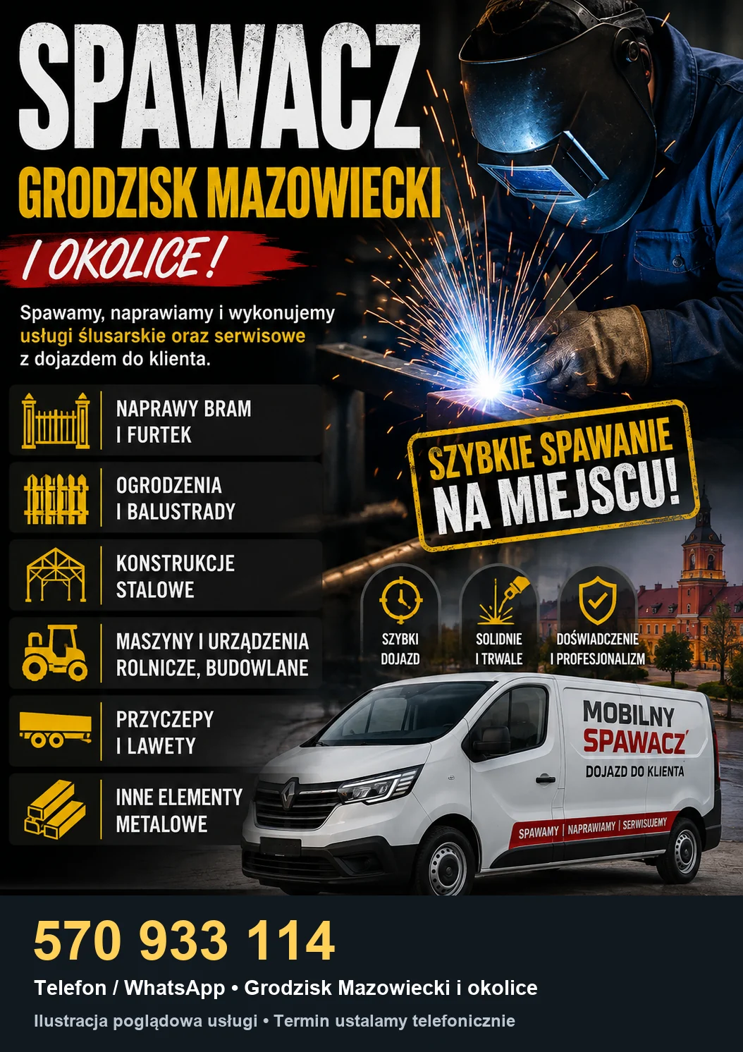 Mobilny spawacz Grodzisk Mazowiecki — plakat z aktualnym telefonem